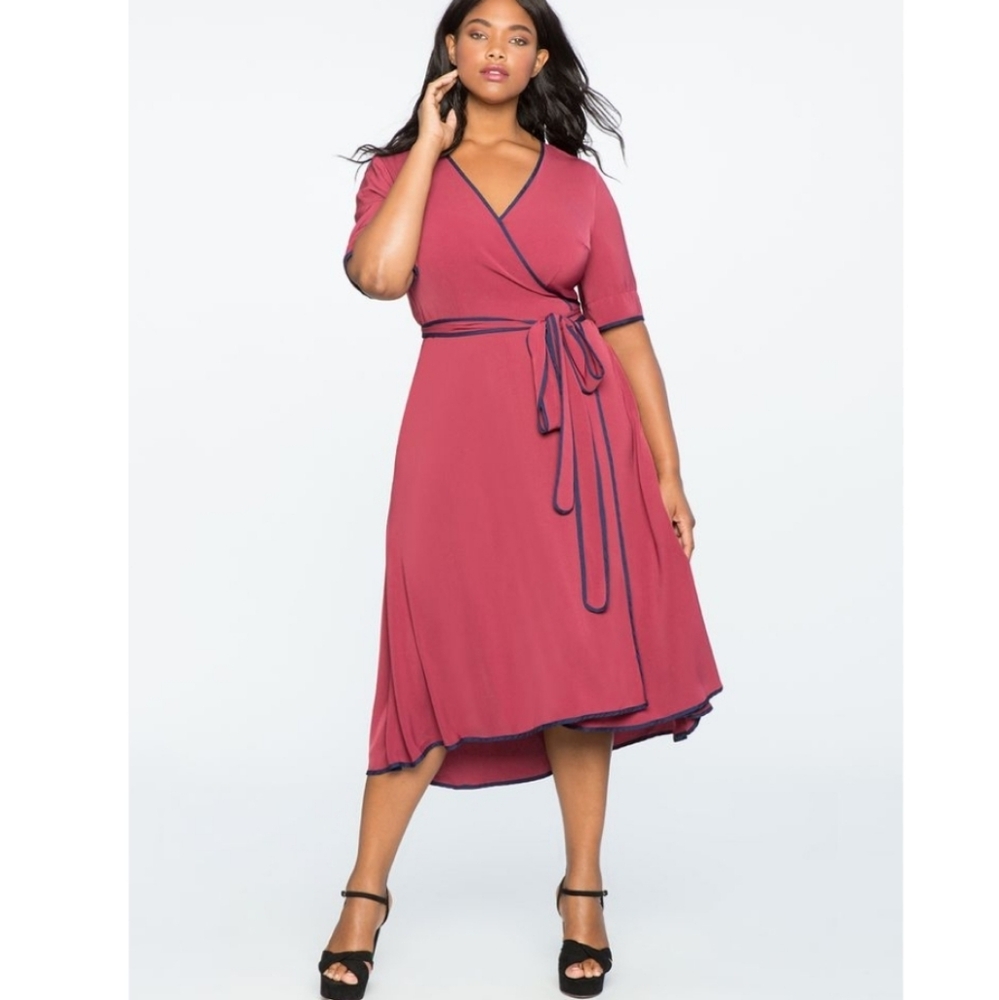 Eloquii Rose Wrap Midi Dress with Navy Trim